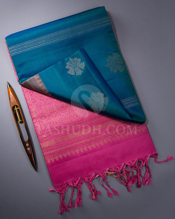 Peacock Blue and Watermelon Pink Soft Silk Saree - AC7