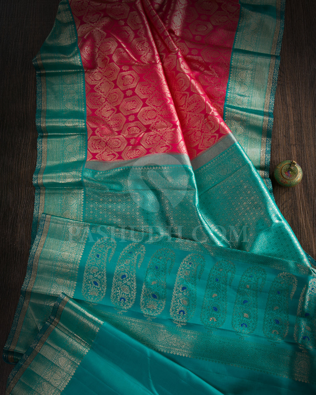 Watermelon Pink And Turquoise Blue Kanjivaram Silk Saree - S1308(A)