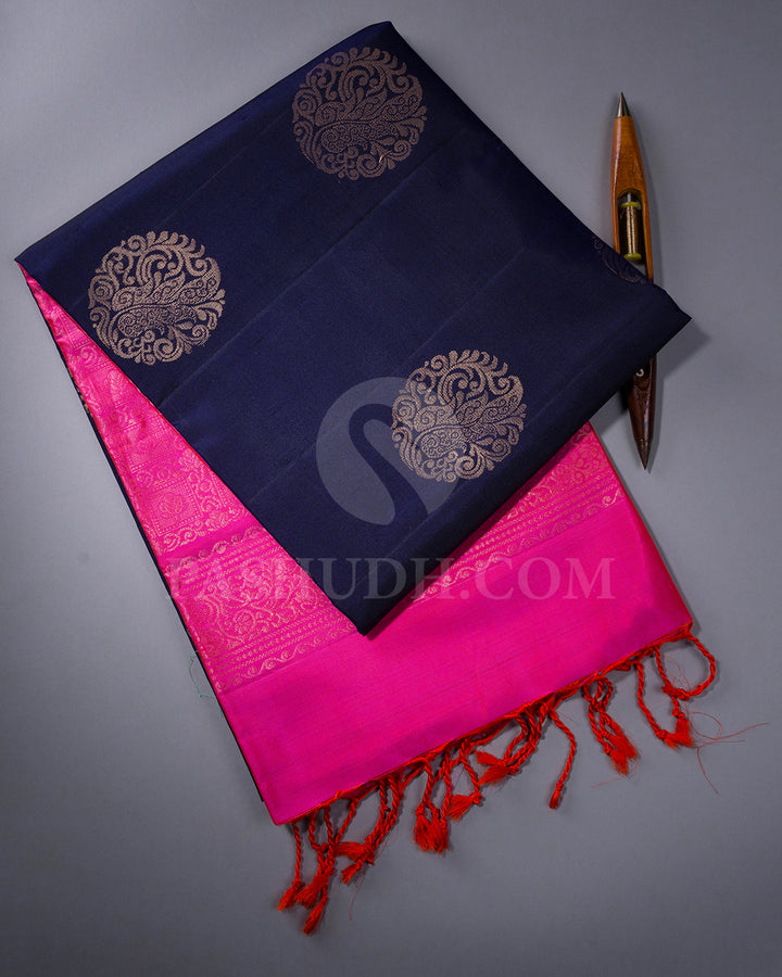 Navy Blue and Bright Pink Borderless Soft Silk Saree - AC28