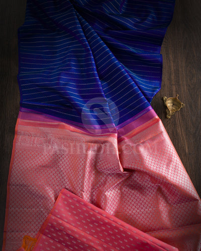 Ink Blue And Peachy Pink Borderless Traditional Kanjivaram Silk Saree - SVJ92