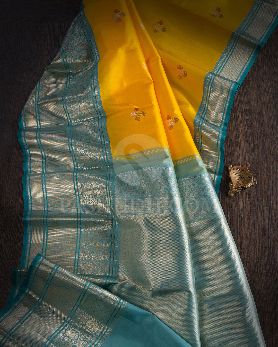 Turmeric Yellow And Light Teal Blue Kanjivaram Silk Saree - S1375(A)