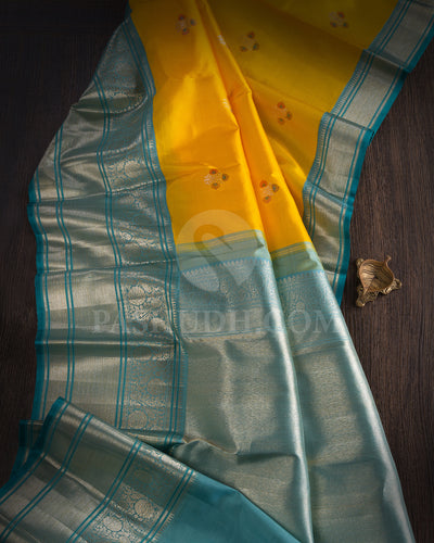 Turmeric Yellow And Light Teal Blue Kanjivaram Silk Saree - S1375(A)