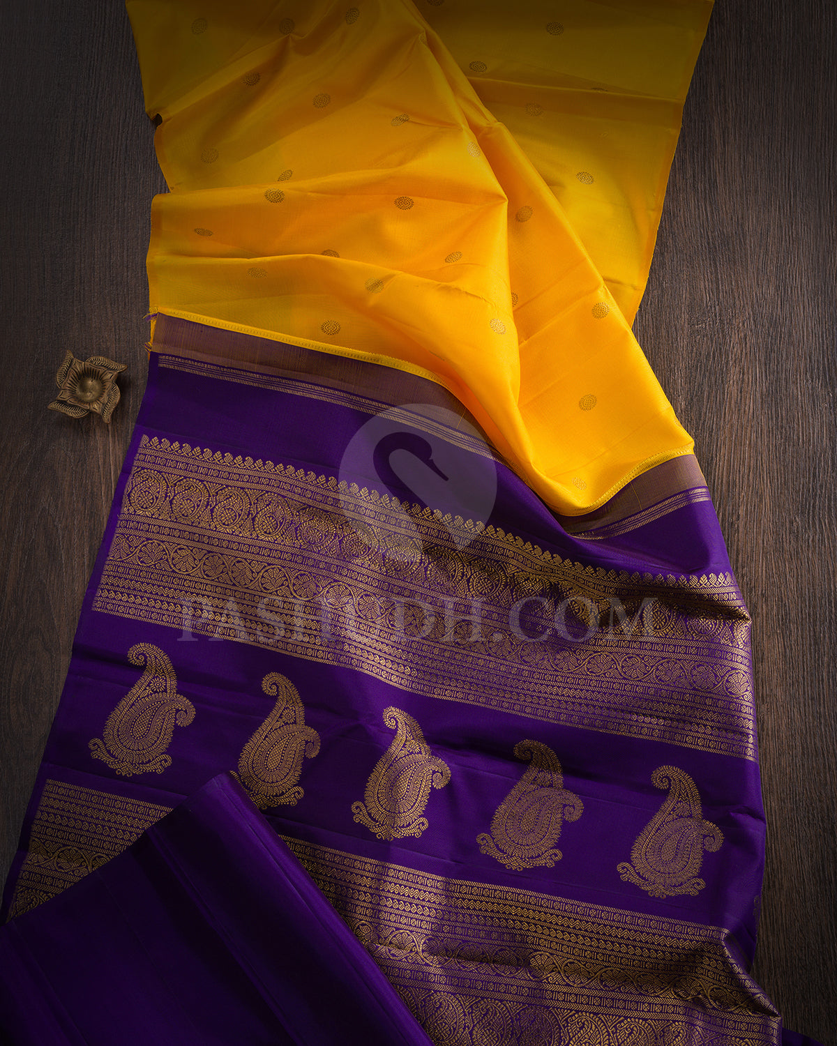 Mango Yellow And Royal Blue Borderless Kanjivaram Silk Saree - BKF4