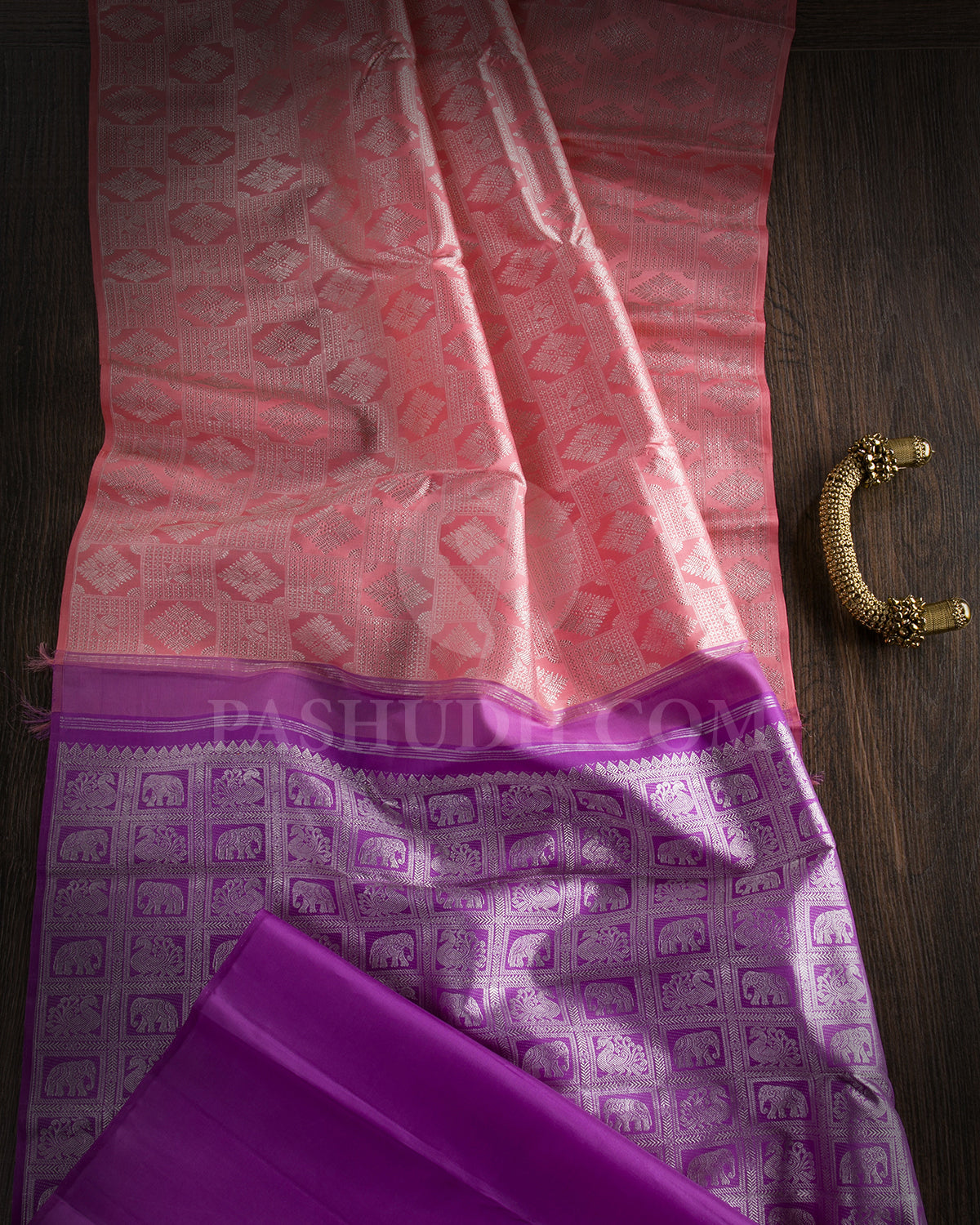 Peachy Pink And Dark Lavender Borderless Kanjivaram Silk Saree - SVJ74