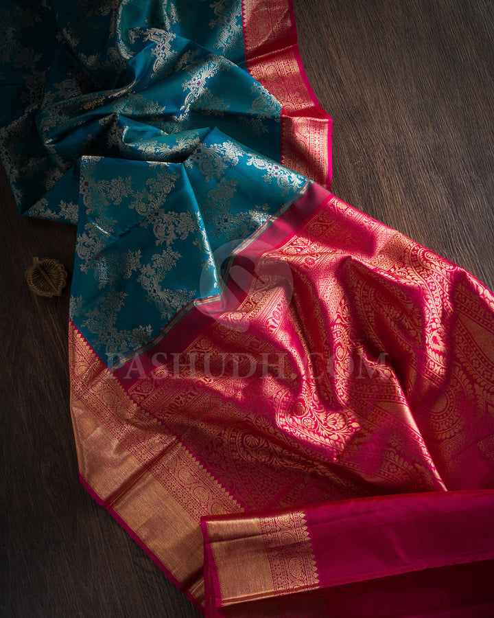 Peacock Blue And Rani Pink Kanjivaram Silk Saree - S1093(D)