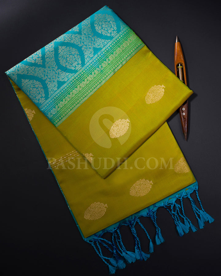 Olive Green and Turquoise Blue Soft Silk Saree - AC52