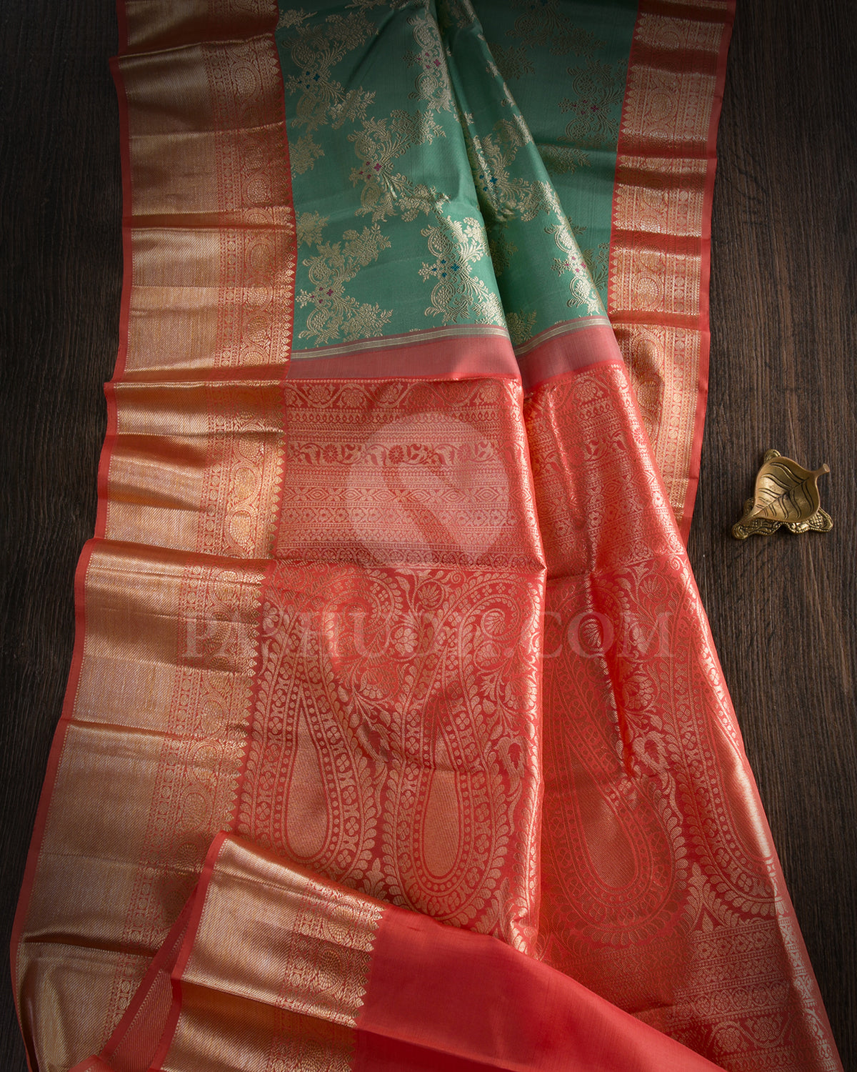 Pastel Teal, Blue And Rust Orange Kanjivaram Silk Saree - S1093( C )