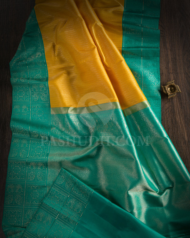 Mango Yellow And Sapphire Green Kanjivaram Silk Saree - S1305(B)