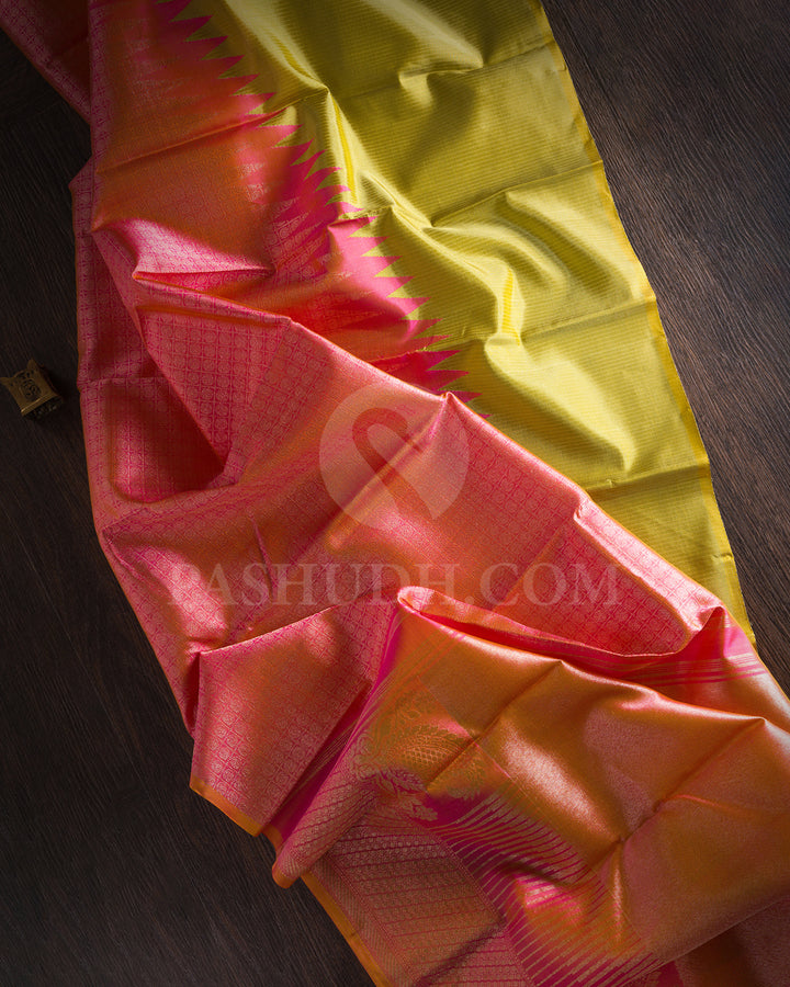 Leaf Green And Punch Pink Rising Border Kanjivaram Silk Saree - S1231( C )