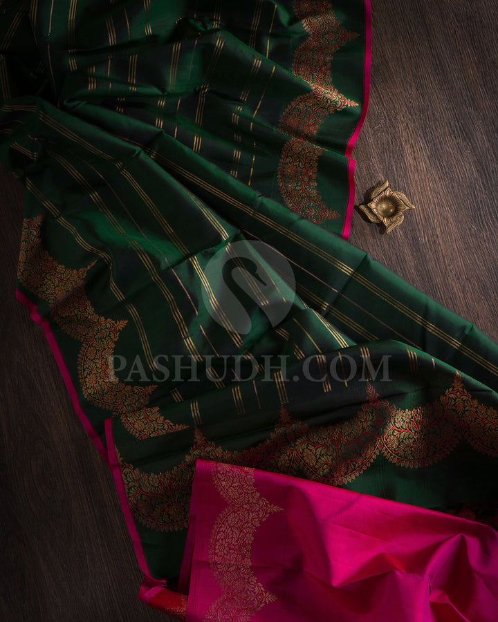 Bottle Green And Rani Pink Kanjivaram Silk Saree - S1401(A)