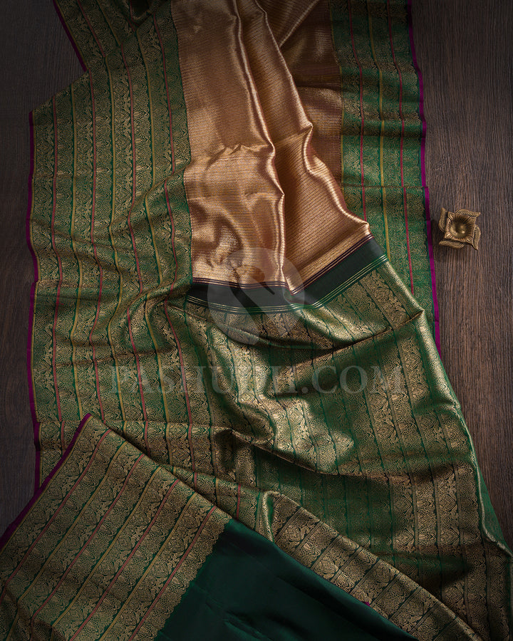 Antique Gold And Forest Green Shimmer Organza Kanjivaram Silk Saree - S1332(B)