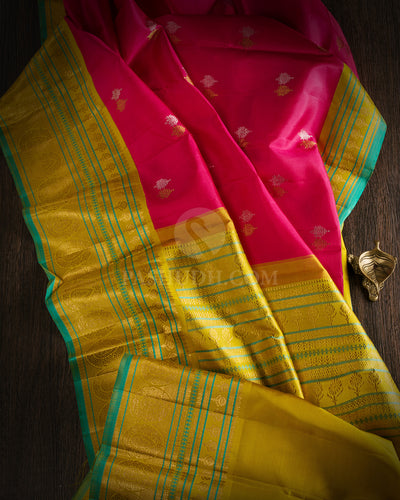 Rogue Pink and Mustard Yellow Pure Zari Kanjivaram Silk Saree - S699 - View 5