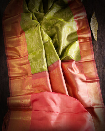 Parrot Green & Rust Orange Kanjivaram Silk Saree - S854 - View 2