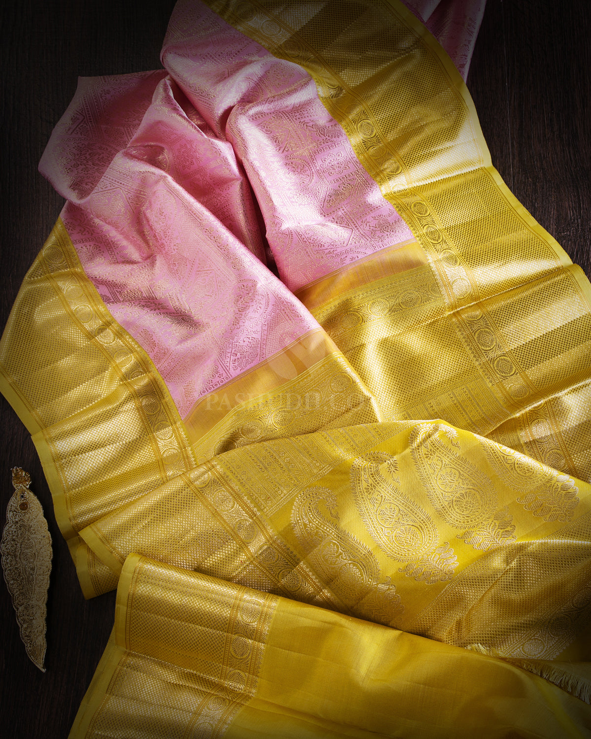 Baby Pink & Mustard Kanjivaram Silk Saree - S877 - View 2