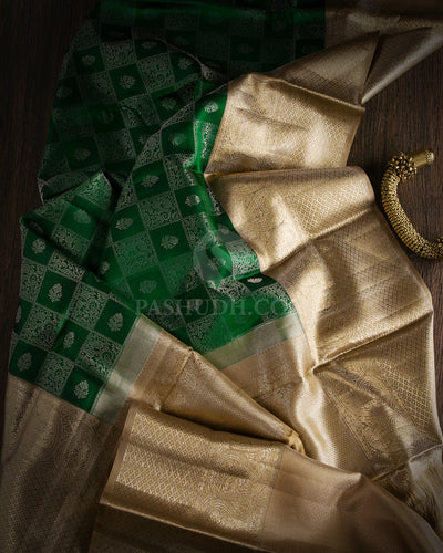 Emerald Green and Beige Kanjivaram Silk Saree - DT185 - View 1