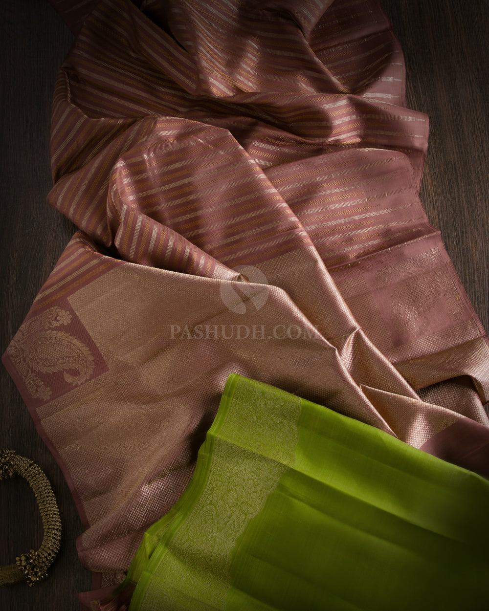Chocolate & Parrot Green Kanjivaram Silk Saree - S766 - View 2