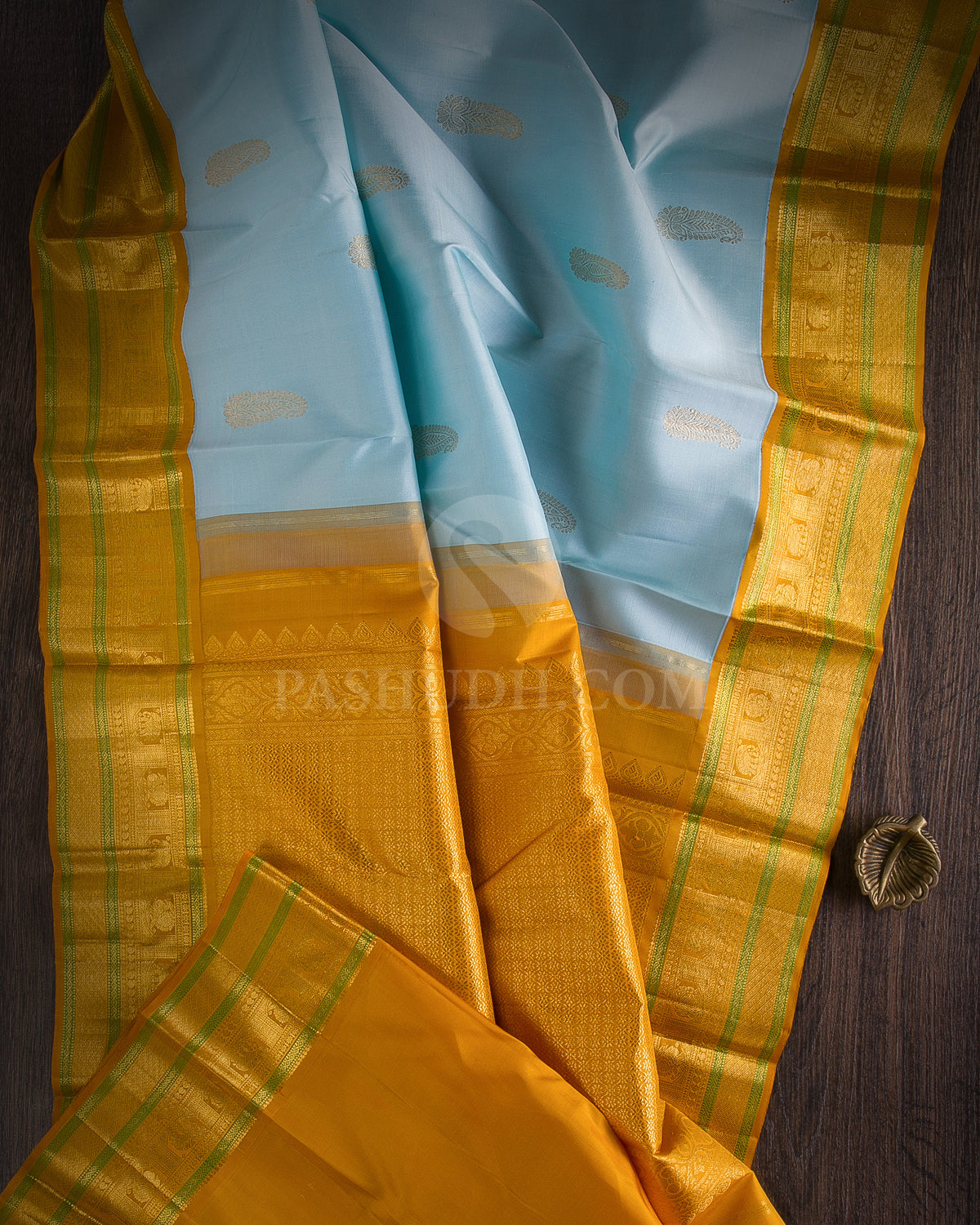 Sky Blue & Mango Yellow Kanjivaram Silk Saree - D2