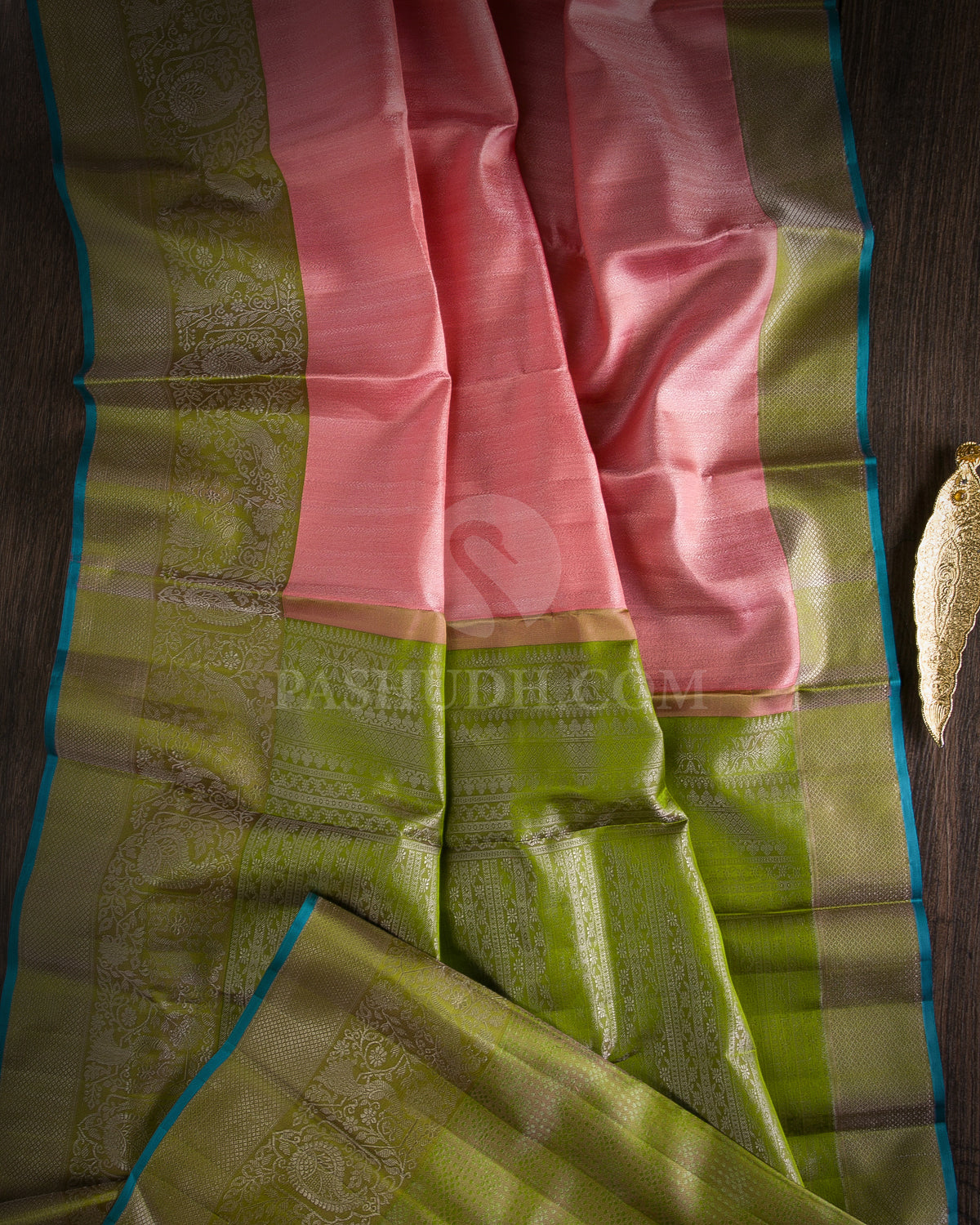 Baby Pink & Pear Green Kanjivaram Silk Saree - DT261(.B) - View 1