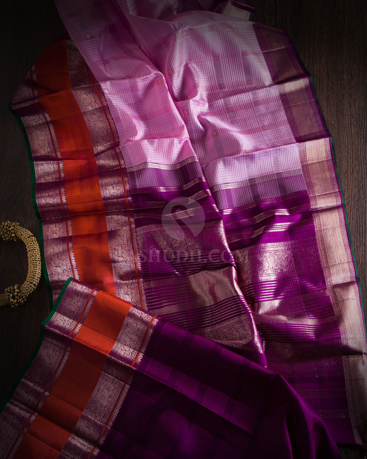 Mauve, Violet and Rust Orange Organza Kanjivaram Silk Saree - S942