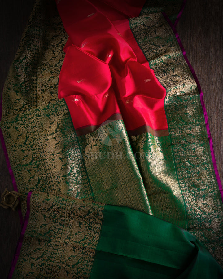 Red and Deep Green Kanjivaram Silk Saree - S933