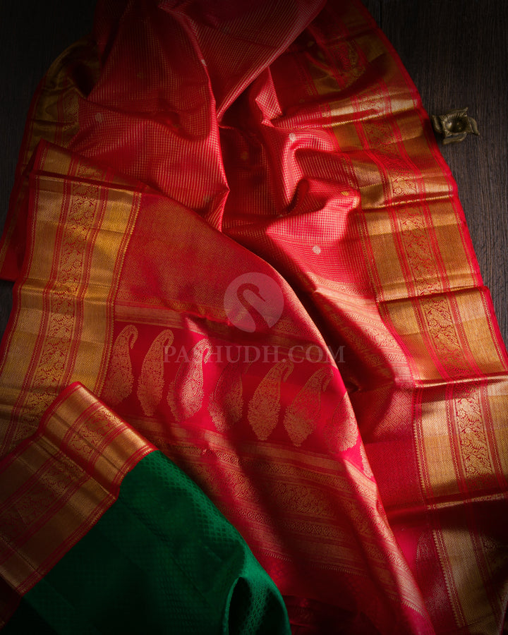 Brick Red and Green Kanjivaram silk Saree - S920