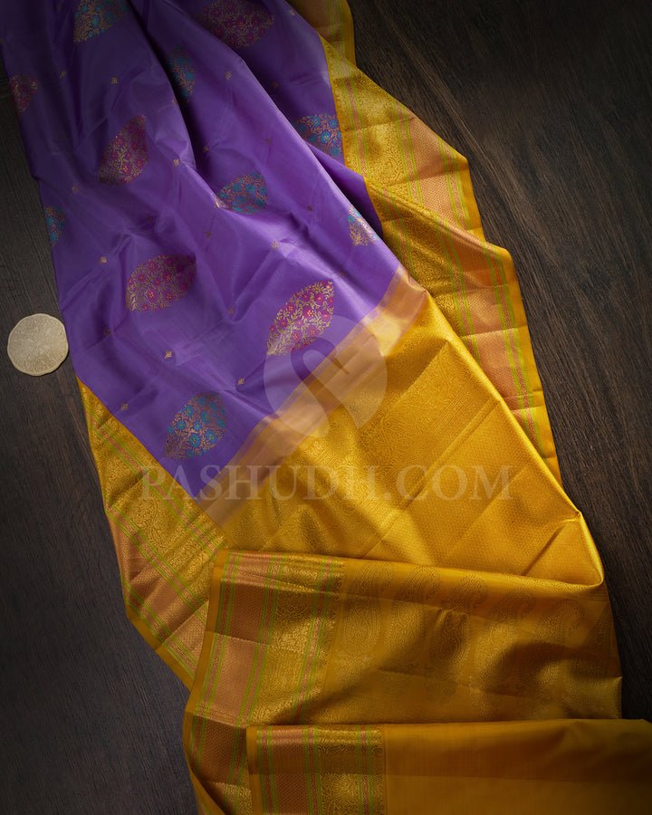 Irish Purple With Mustard Yellow Kanjivaram Silk Saree-S1696(B)