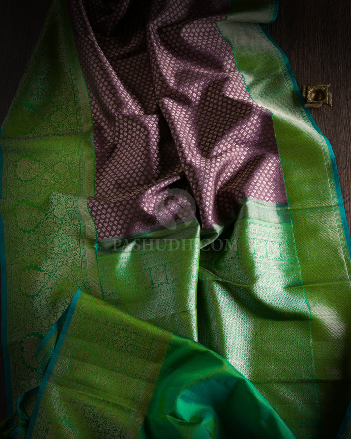 Deep Mauve and Leaf Green Kanjivaram Silk Saree - S961