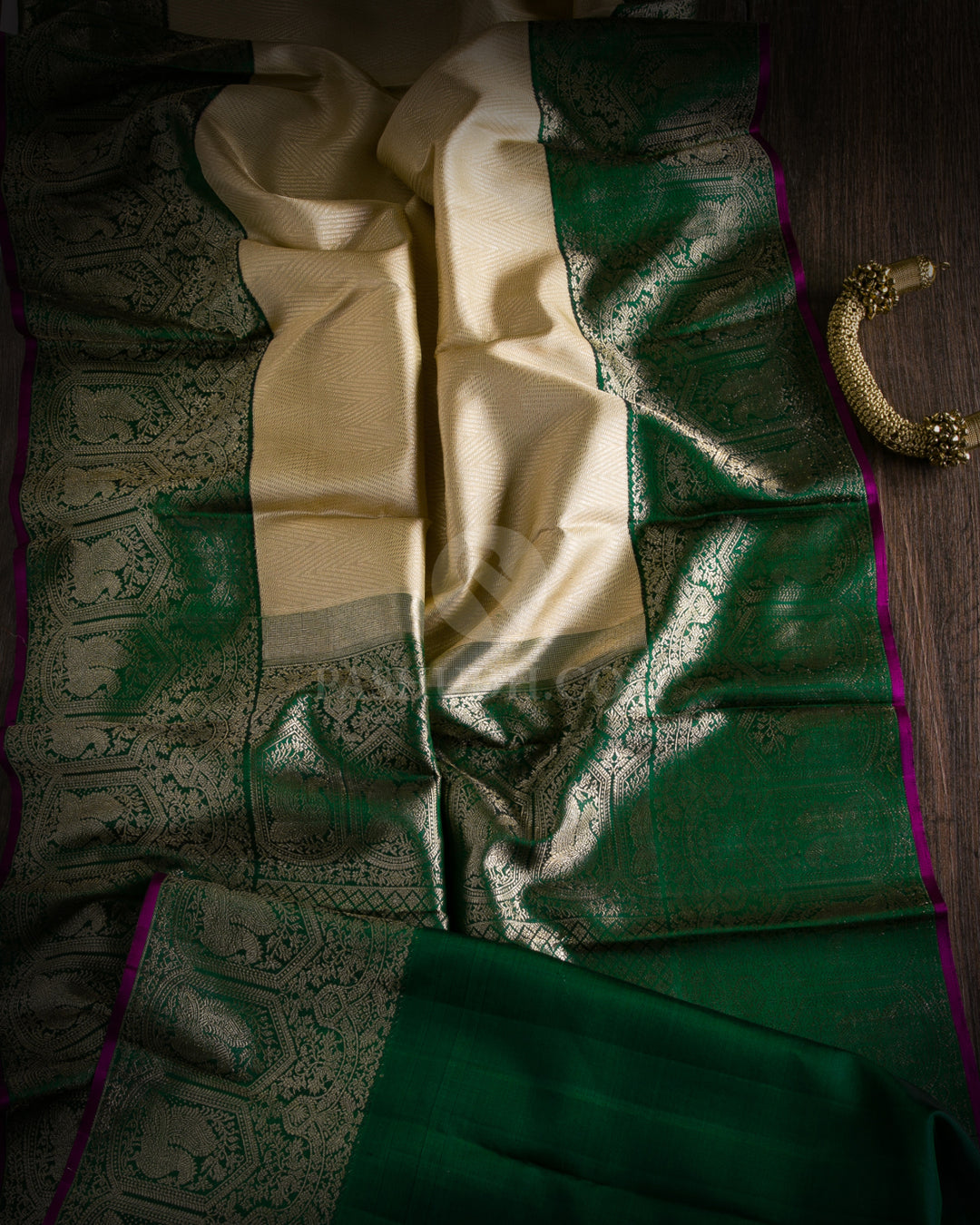 Cream and Forest Green Kanjivaram Silk Saree - S960