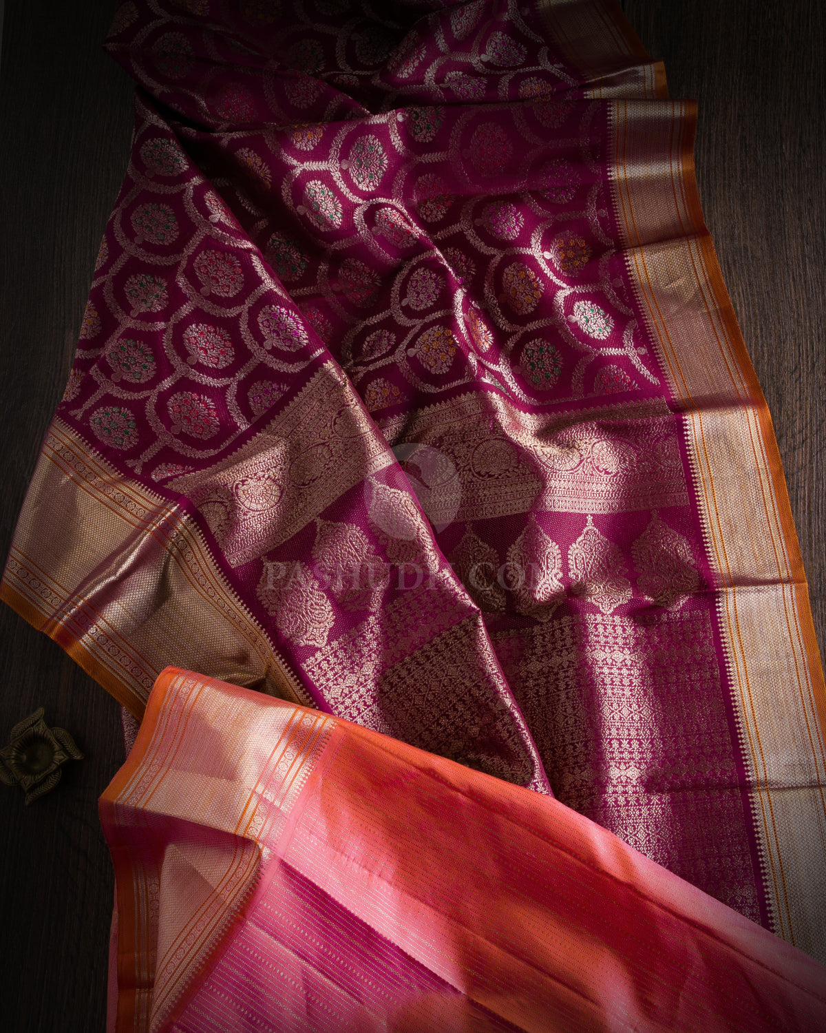 Aubergine and Pink Kanjivaram Silk Saree - S930