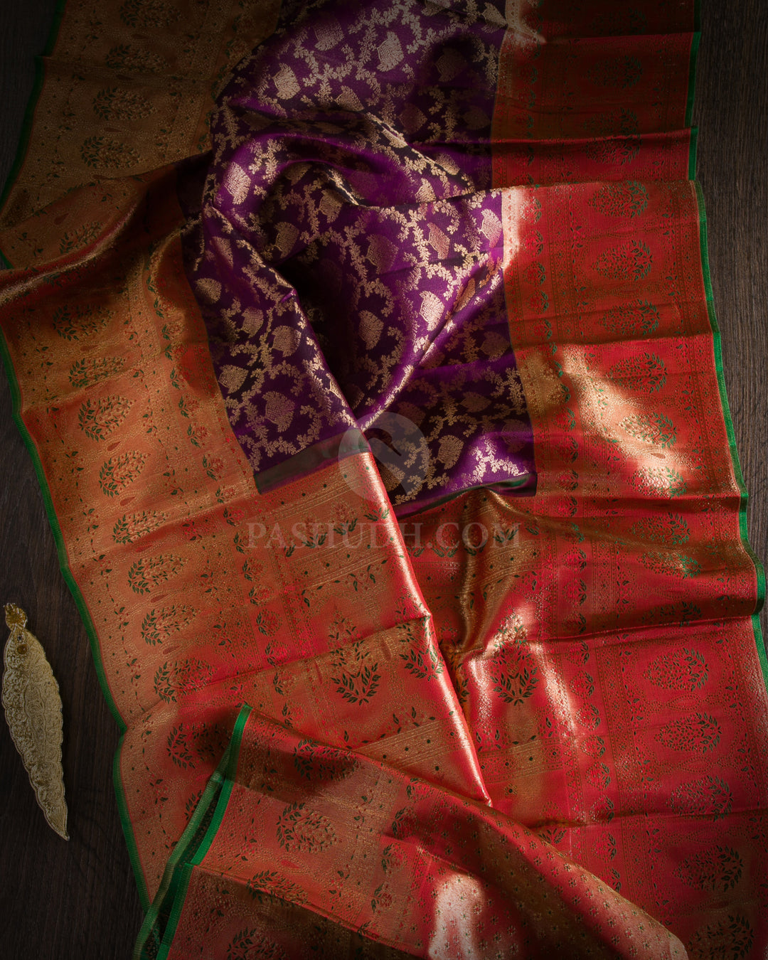Violet and Red Kanjivaram Silk Saree with Tissue Border - S925
