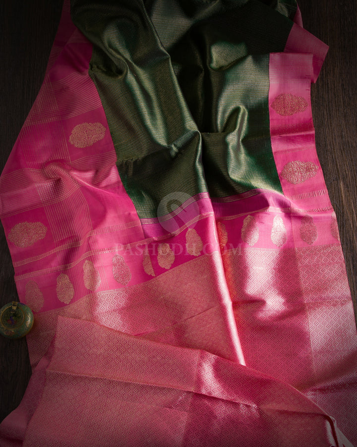 Dark Green and Baby Pink Kanjivaram Silk Saree - S928
