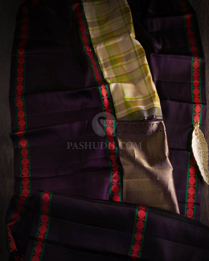 Cream, Mild Green and Navy Blue Kanjivaram Silk Saree - S950