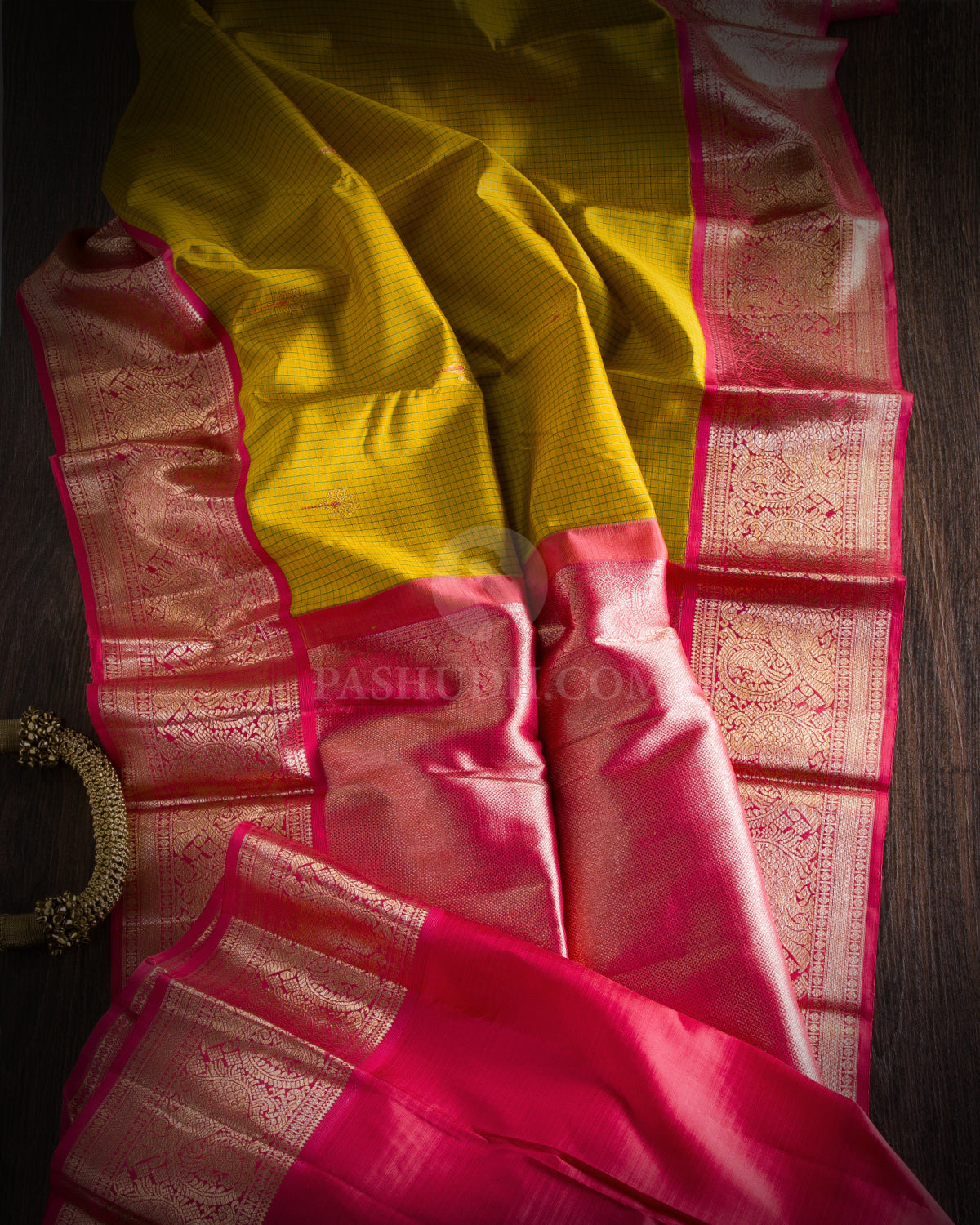 Granola Yellow, Green and  Rouge Pink Kanjivaram Silk Saree - S957