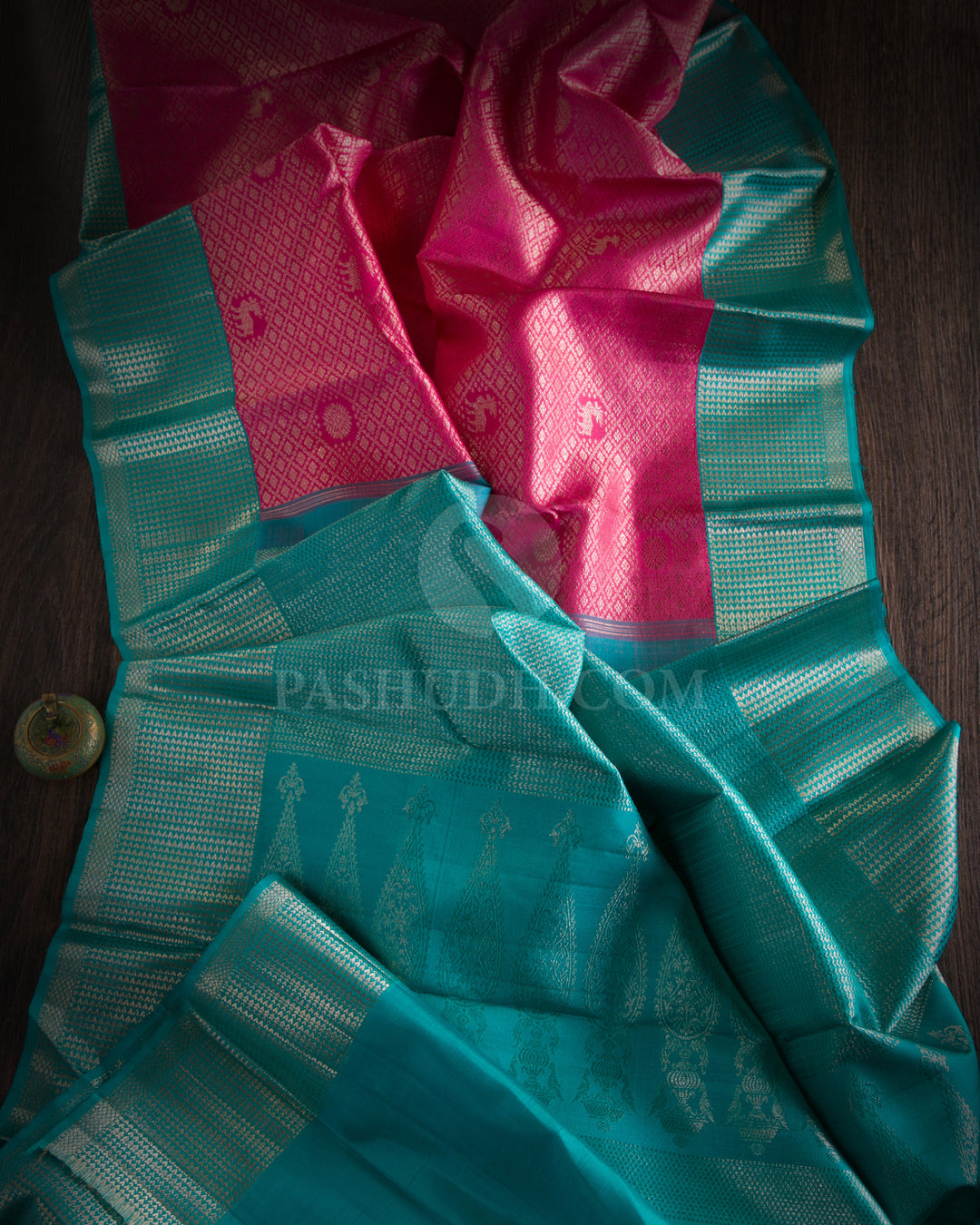 Rose Pink & Anandha Blue Kanjivaram Silk Saree - S985 - View 1