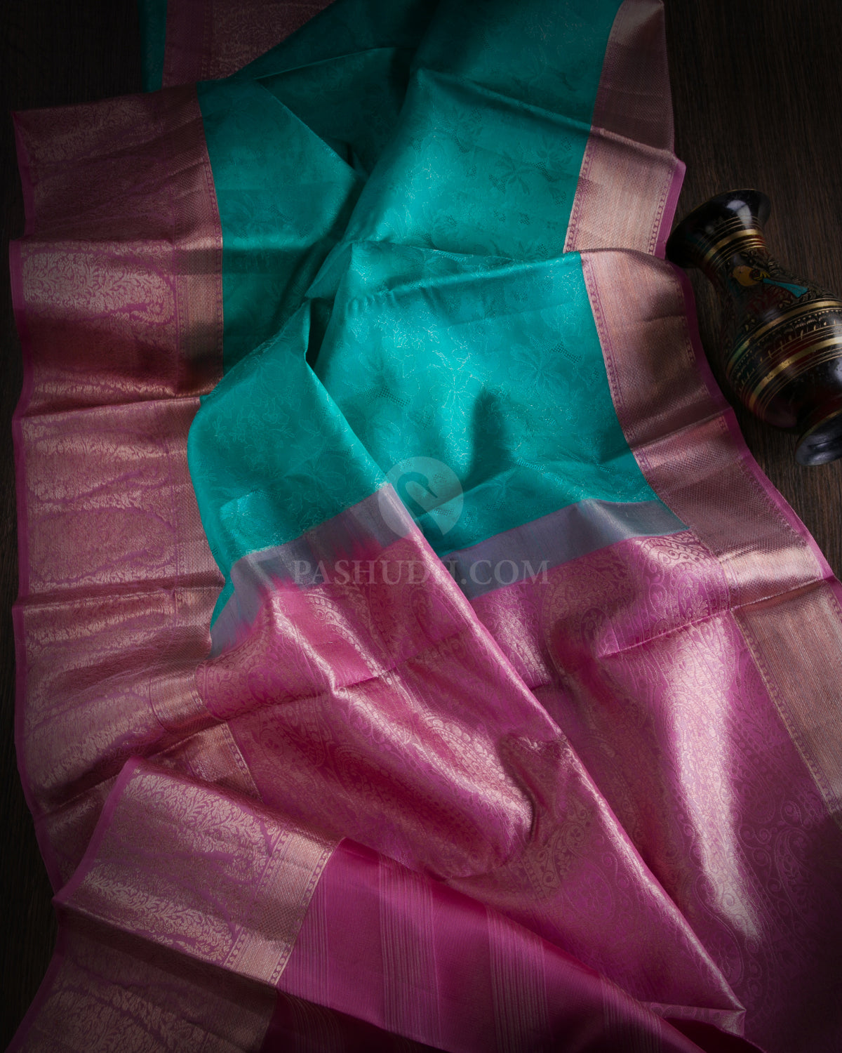 Turquoise and Pink Kanjivaram Silk Saree - DT194 - View 1
