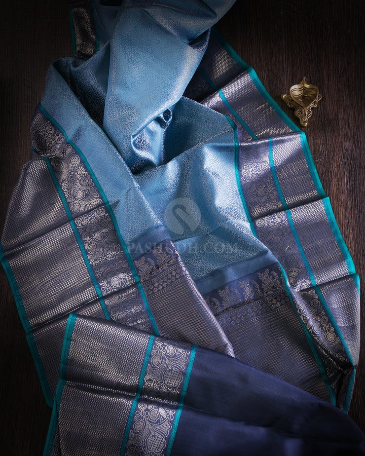 Livid Blue and Dark Grey Kanjivaram Silk Saree - DT213
