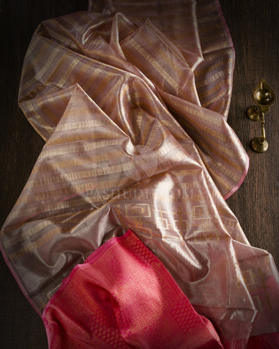 Baby Pink and Silver Organza Tissue Zari Kanjivaram Silk Saree - S696 View 3