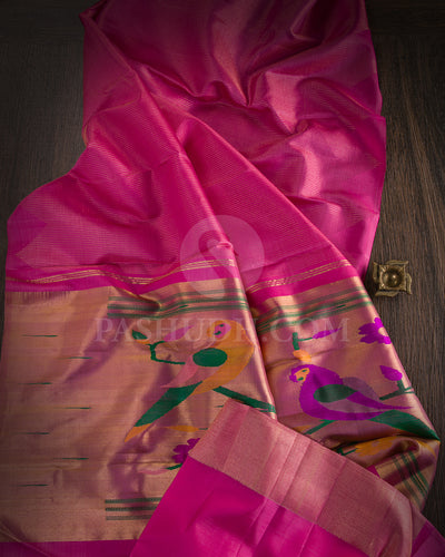 Fuchsia Pink Borderless Kanjivaram Silk Saree with Paithani Border - S1189(A) - View 1