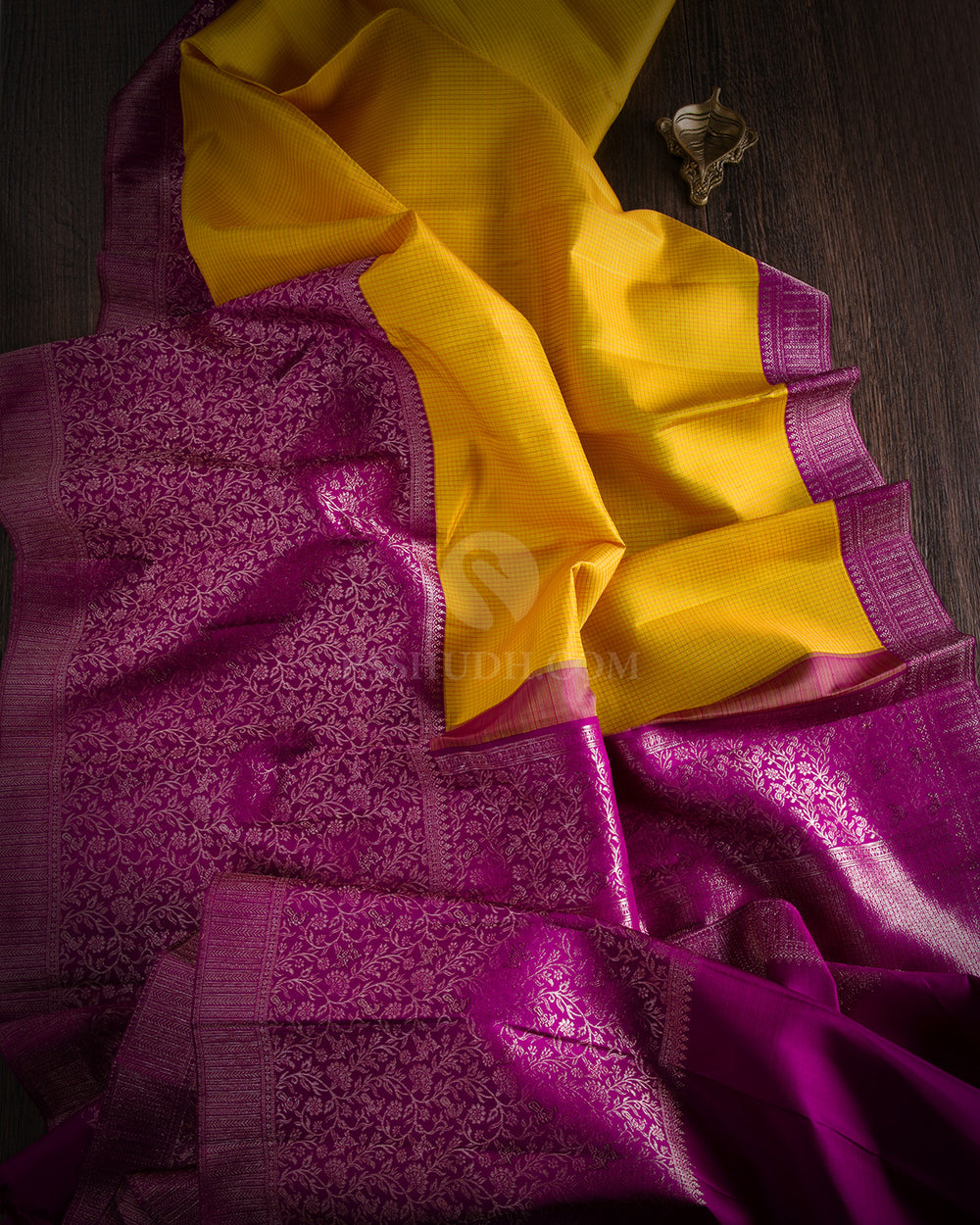Lemon Yellow & Violet Zari Kanjivaram Silk Saree -  S820 - View 2