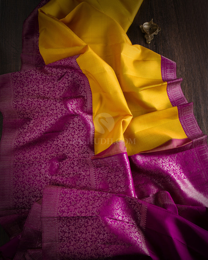 Lemon Yellow & Violet Zari Kanjivaram Silk Saree -  S820 - View 2
