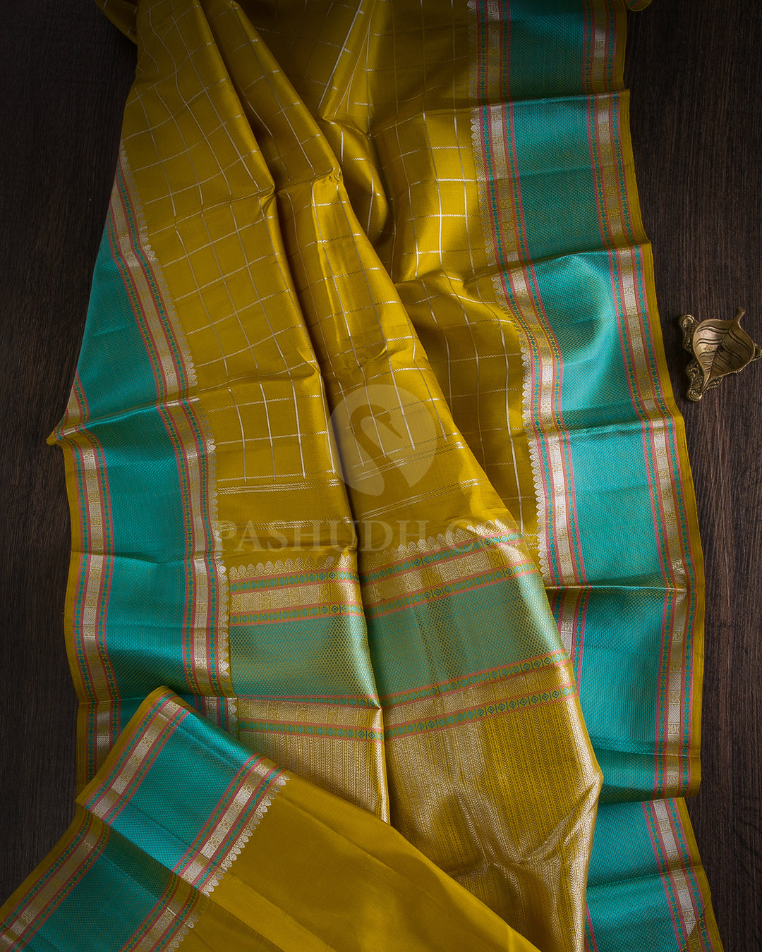 Mustard Yellow & Sky Blue Kanjivaram Silk Saree - D10