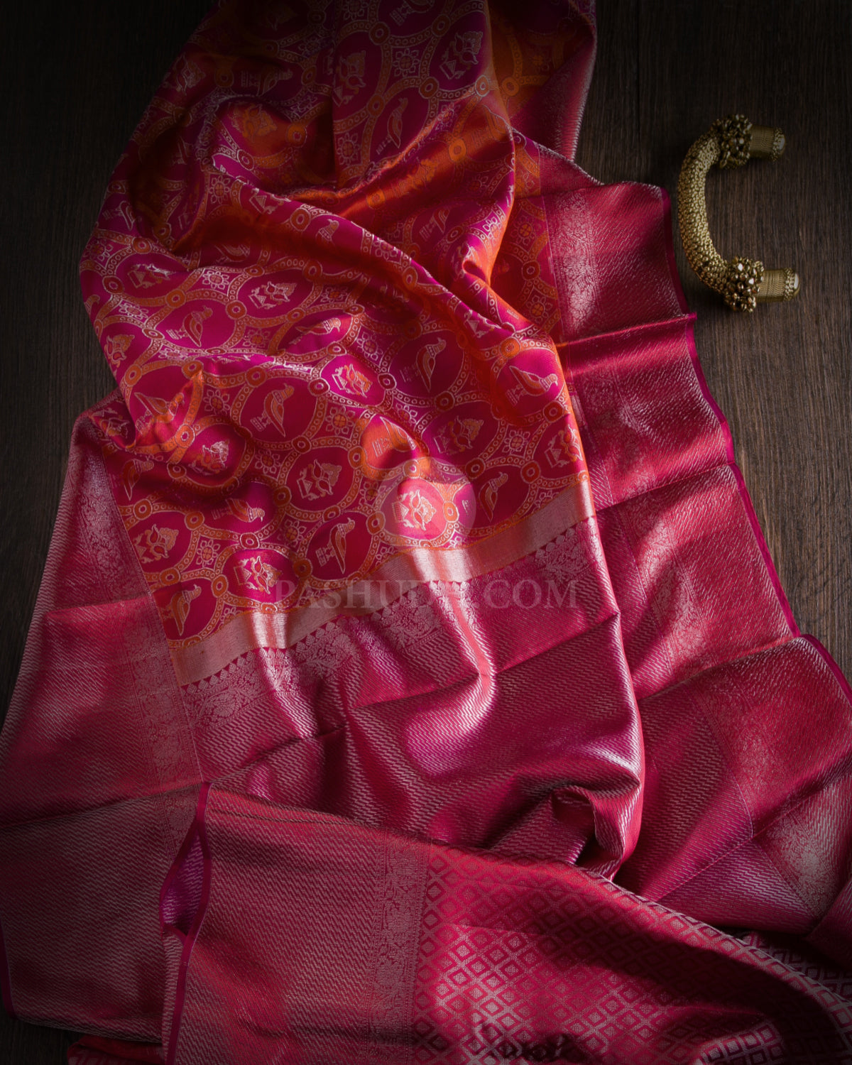 Orange and Rouge Pink Kanjivaram Silk Saree - D492