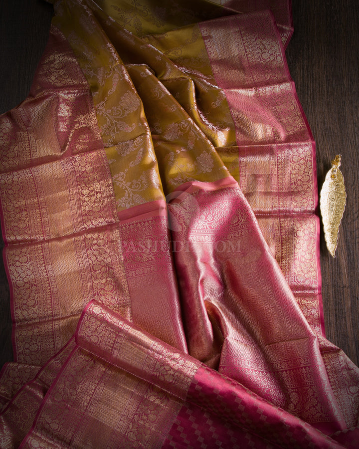 Golden Beige and Wild Orchid Pink Kanjivaram Silk Saree - D496