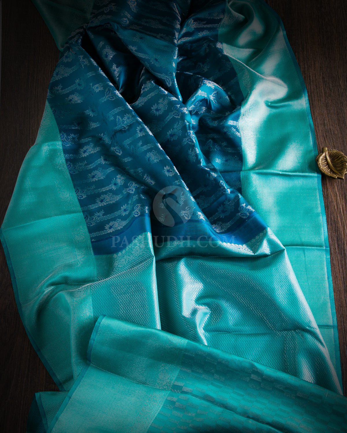 Teal Blue and Sky Blue Kanjivaram Silk Saree - D485