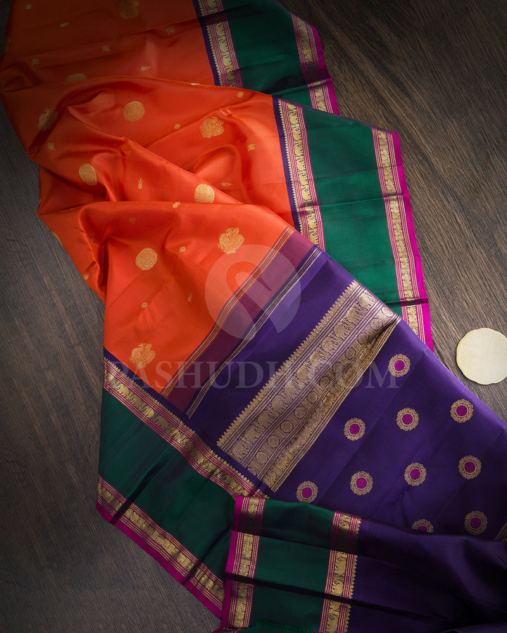 Burnt Orange With Dual Shaded Bottle Green Pure Zari Kanjivaram Silk Saree-SP408
