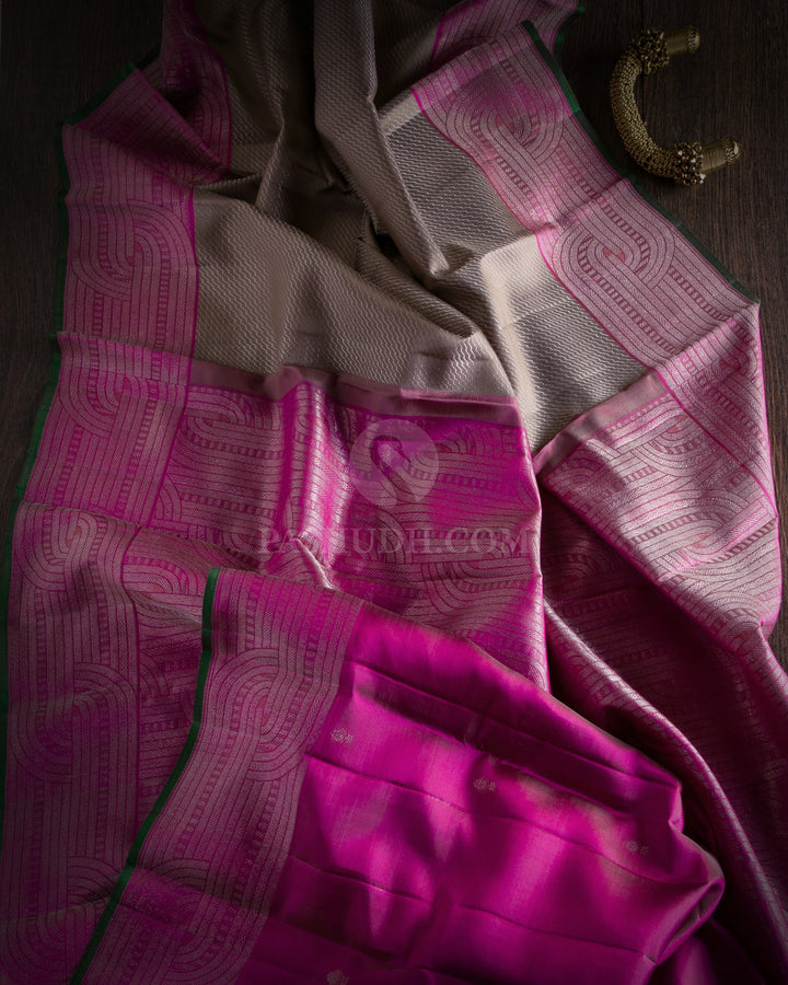 Greige and Fuchsia Pink Kanjivaram Silk Saree - DJ269