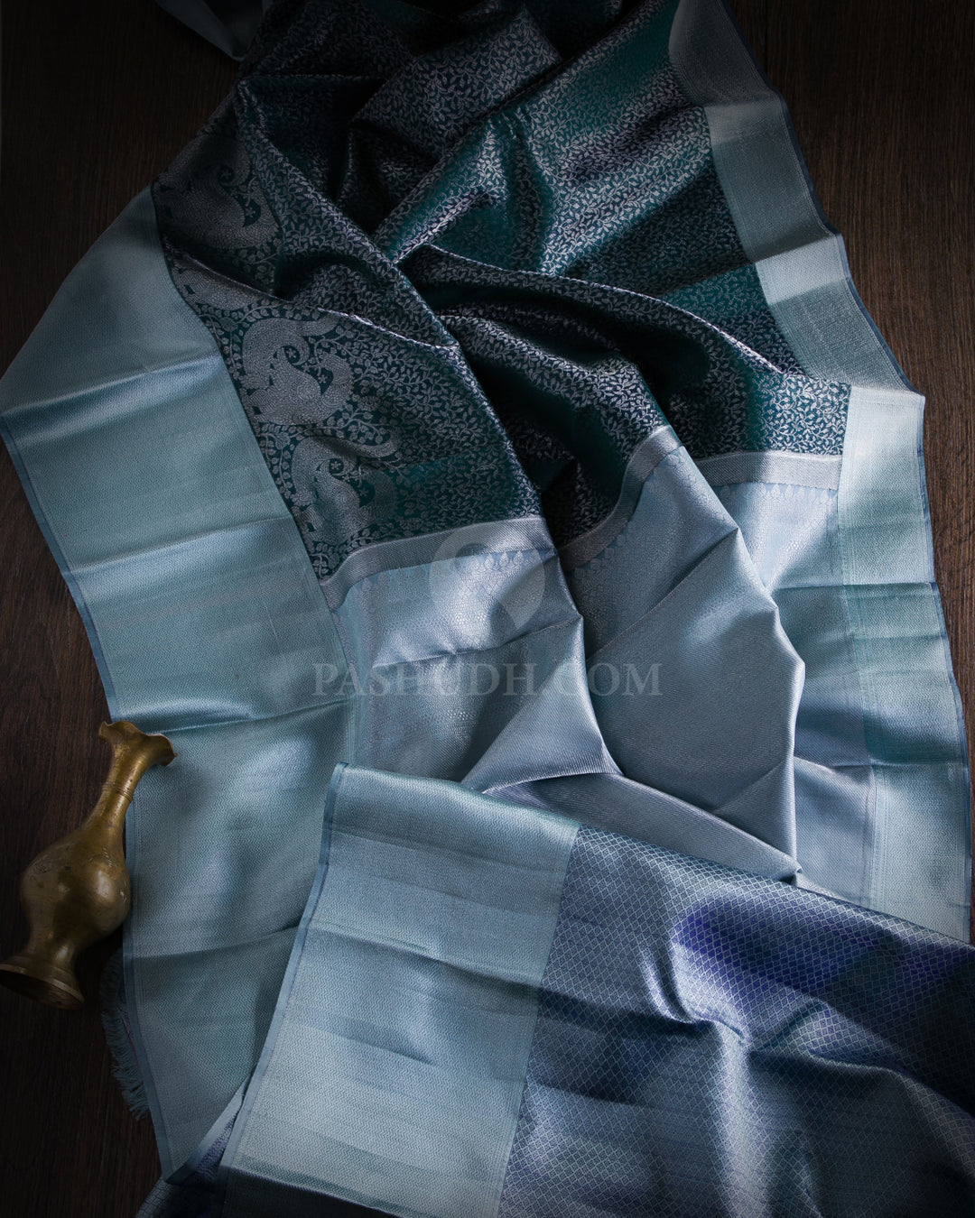 Bottle Green and Slate Grey Kanjivaram Silk Saree - D493