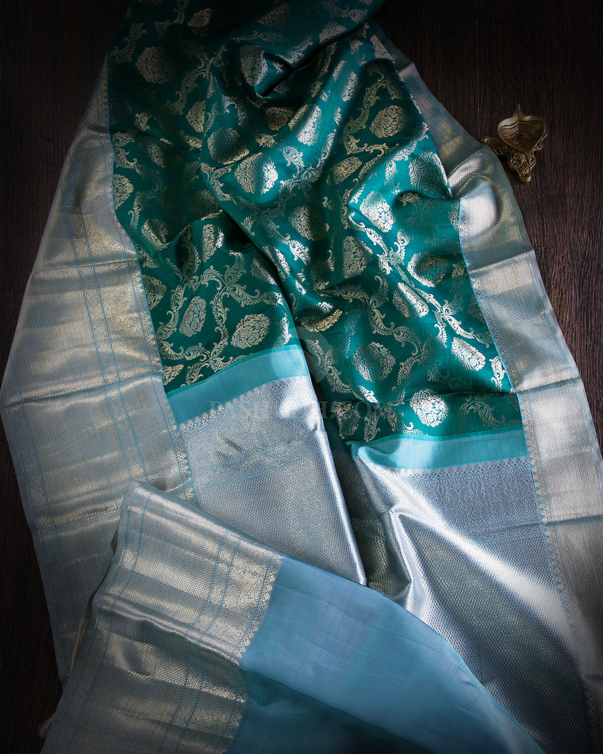 Teal Green & Powder Blue Kanjivaram Silk Saree - S889 - View 2