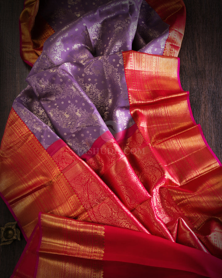 Lavender & Red Kanjivaram Silk Saree - S887 - View 2
