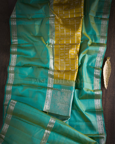 Tuscany Yellow & Cyan Kanjivaram Silk Saree - D3